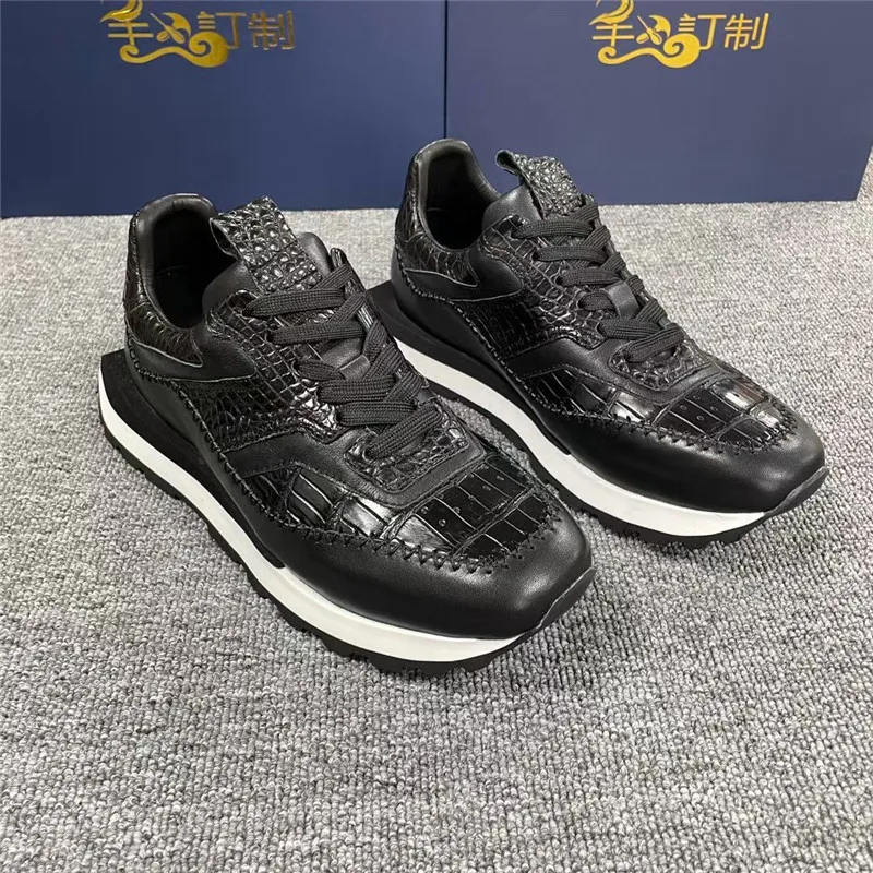 

Authentic Exotic Crocodile Skin Men's Soft Chic Knitted Sneakers Genuine Real True Alligator Leather Male Lace-up Walking Flats