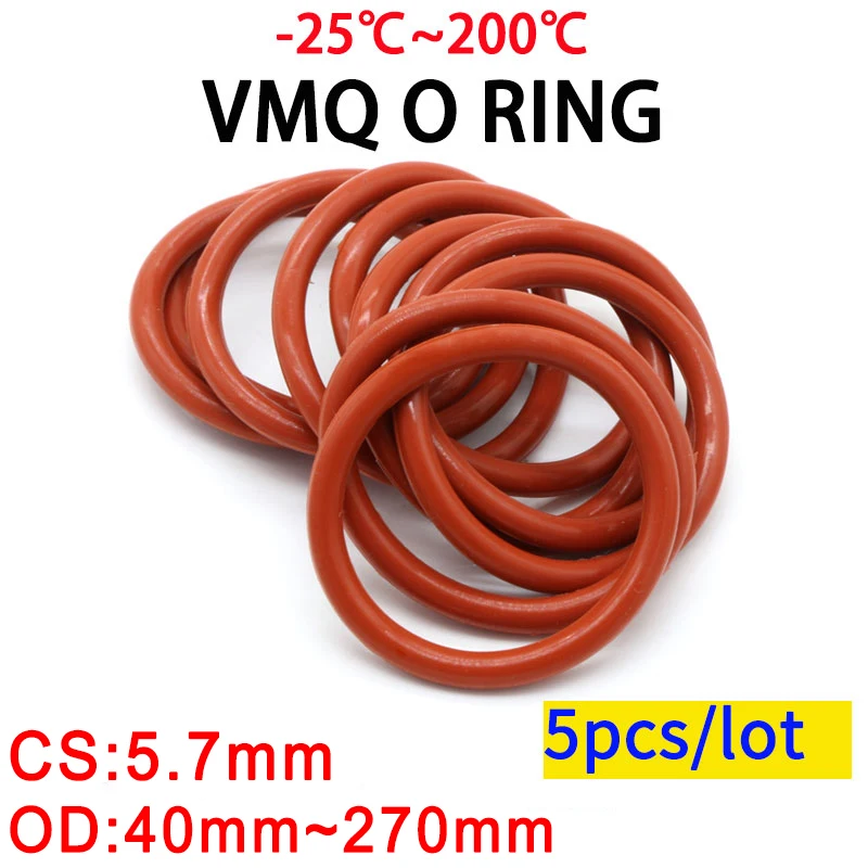 

5pcs Red VMQ Silicone Ring Gasket CS 5.7mm OD 40 ~ 270mm Silicon O Ring Gasket Food Grade Rubber o-ring vmq assortment hvac tool