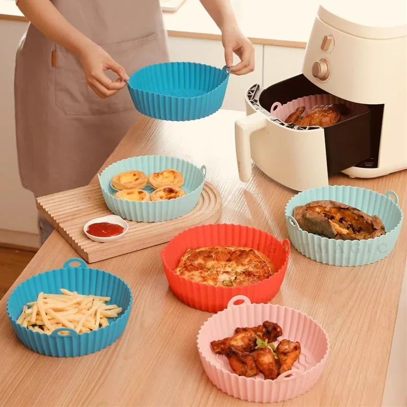 Large Air Fryer Silicone Basket Pot 25/21.5/20cm Round Non-stick Airfryer  Tray Mold Reusable Over Baking Mat Liner Accessories