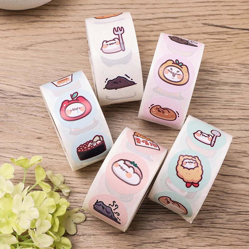 500Pcs/Roll 2.5cm/1inch Circular Cute Cartoon Sushi Pattern Decorative Sticker Baked Dessert Lunch Box Label Decor Sticker