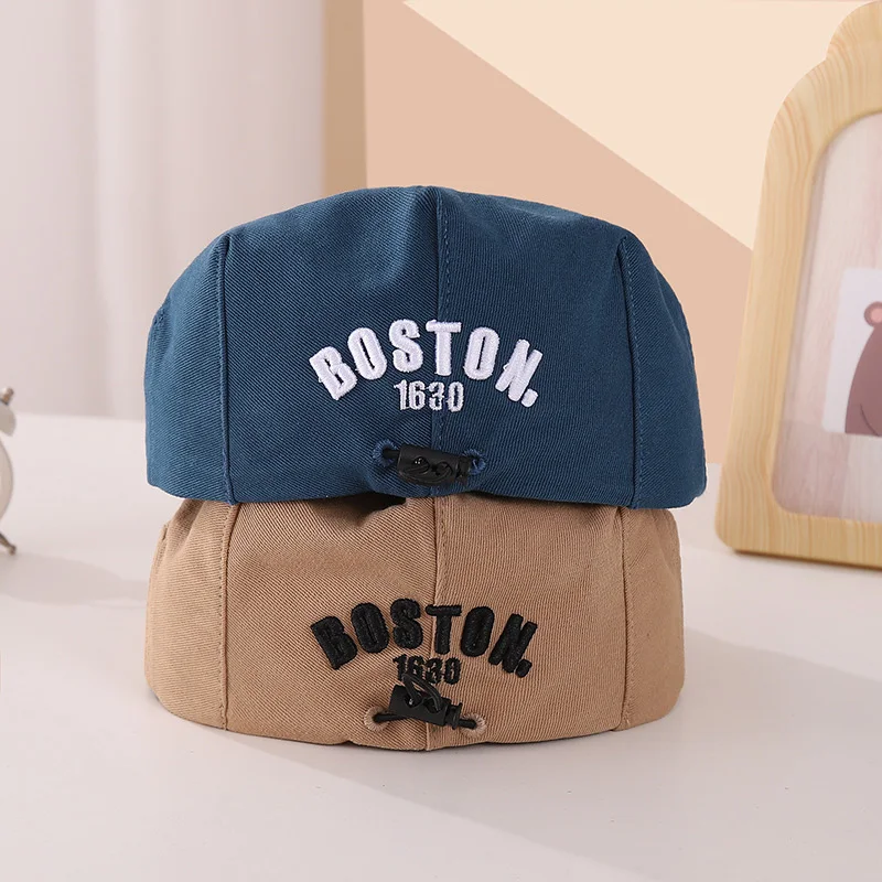 Korean Embroidered Kids Beret Hat Solid Letter Baby Adjustable Drawstring Forward Summer Cotton Children Flat Peaked beret hat woolen beret