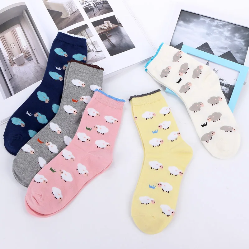 

Autumn and Winter Cotton Socks Women's Medium Length Socks, Lace Cartoon Female's Socks, Cute Sheep Socks,