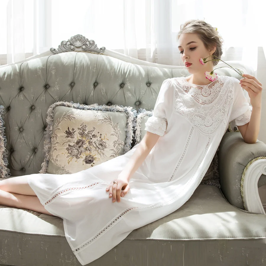 Elegant Ladies Cotton Nightgown Sleepwear Lace Hollow Sexy Women Night Dress Summer Pink White Plus Size Lingerie Dress Female