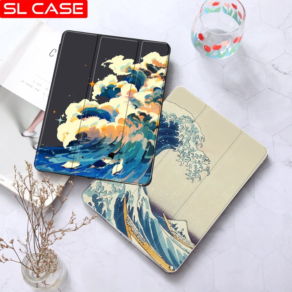 연필 홀더가 있는 바다 파도 케이스, iPad Air 4 Mini 6 5 Air 1 2 3 10.2 9 세대 7th 8th Pro 11 12.9 10.5 9.7 6th 케이스