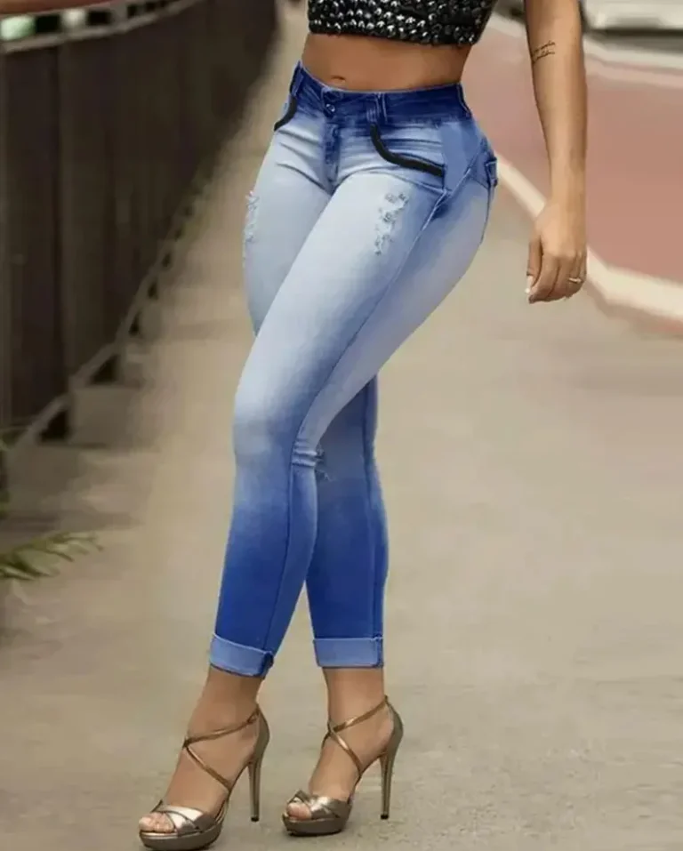 Summer Women's Fashion New Zip Fly Ombre Split Tight Jeans Fashion Women's Gradual Casual Elegant Tight Jeans