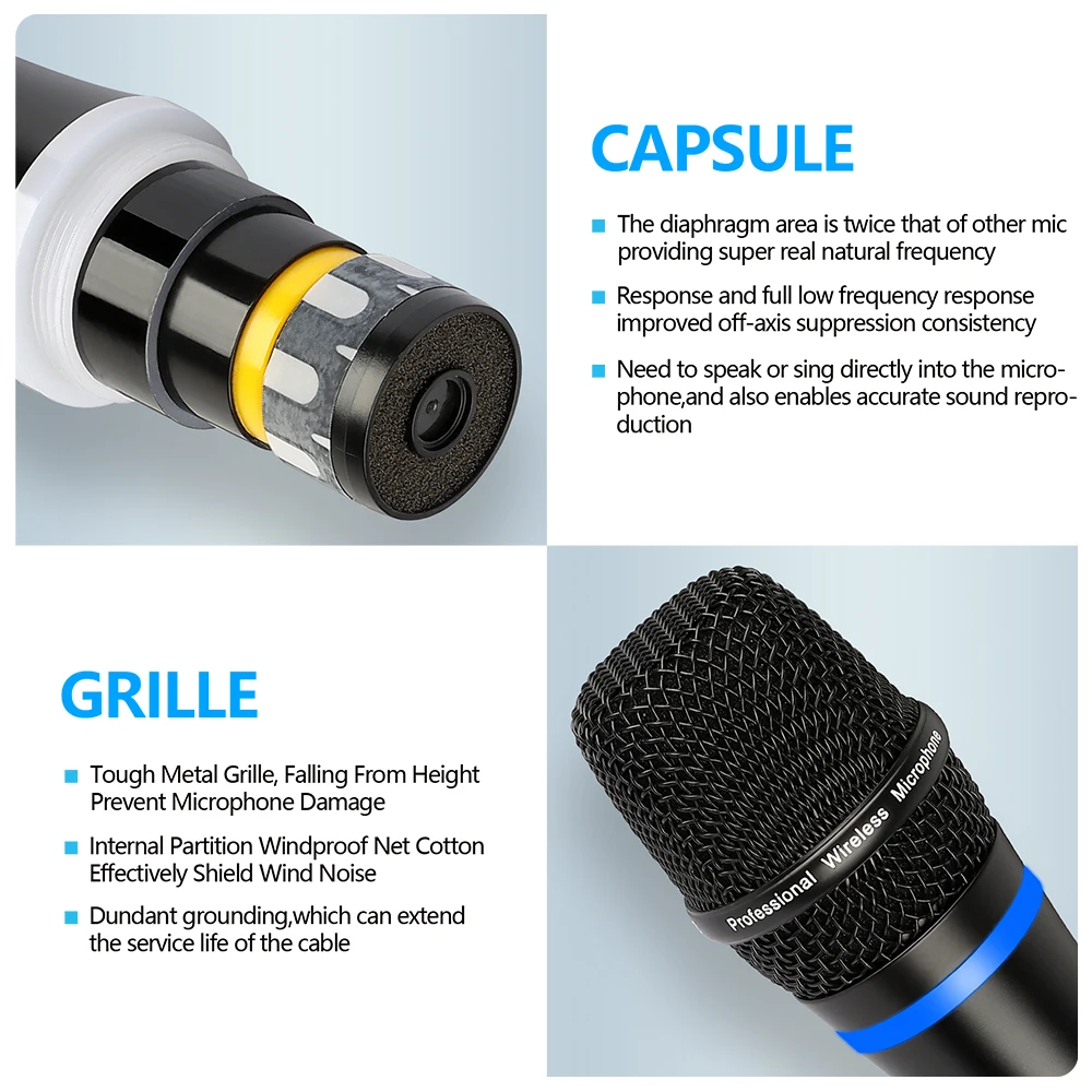 2 Channel Digital Portable Professional Wireless Microphone UHF Handheld Dynamic Suitable Karaoke DJ Microphone for Church Party
