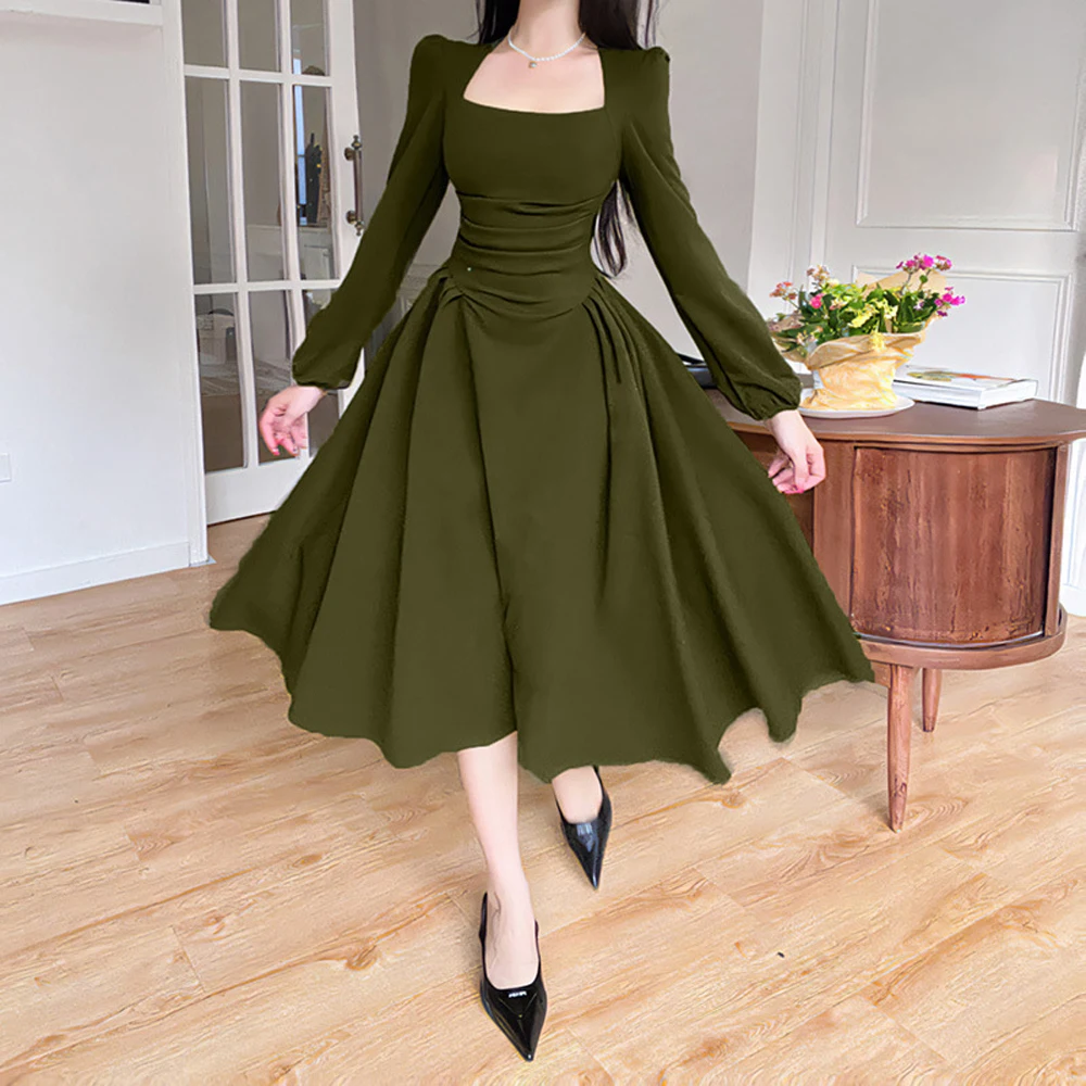 

Elegant Party Casual Lady Midi Long Dress Streetwear Folds Puff Sleeve Square Neck Sexy Elegant Bodycon Dress Green Robe VD3961