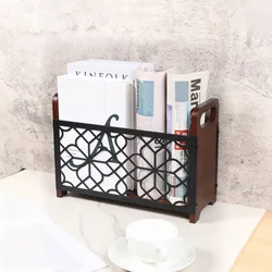 Rustic Wood and Metal Magazine Holder with Handle - Desktop Organizer and Decorative Storage Basket (Geometric - 1Pc)