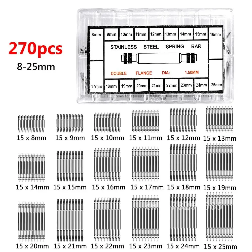 Steel Watch Spring Bar Pins 8mm-25mm Watchbands Repair Tool Replacement Diameter 1.5mm Strap Link Pin 144/270/360Pcs Stainless
