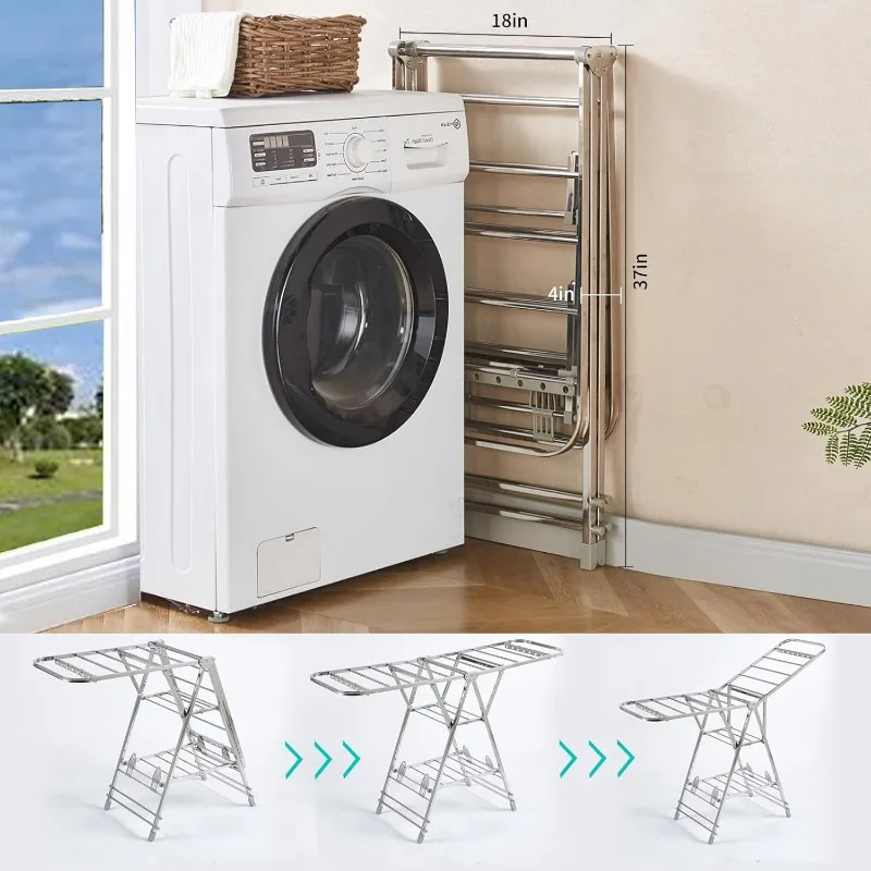 Foldable Clothes Drying Rack has 21 Rods, Non-Slip Buckle, Shoe Rack and Wheels ，Stainless Steel Laundry Drying Rack 5