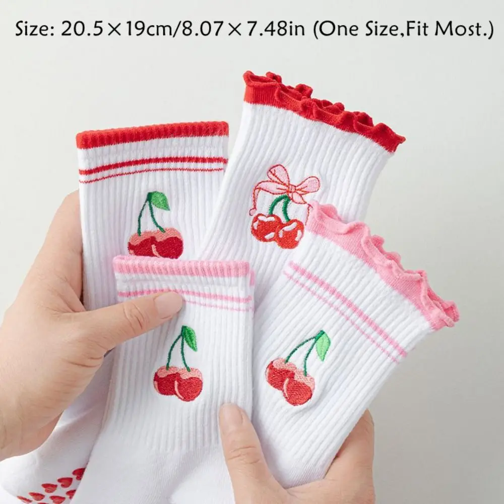 New Cotton Pilates Socks Breathable Sweat-absorbent Cherry Embroidery Socks Harajuku Street Casual Yoga Socks