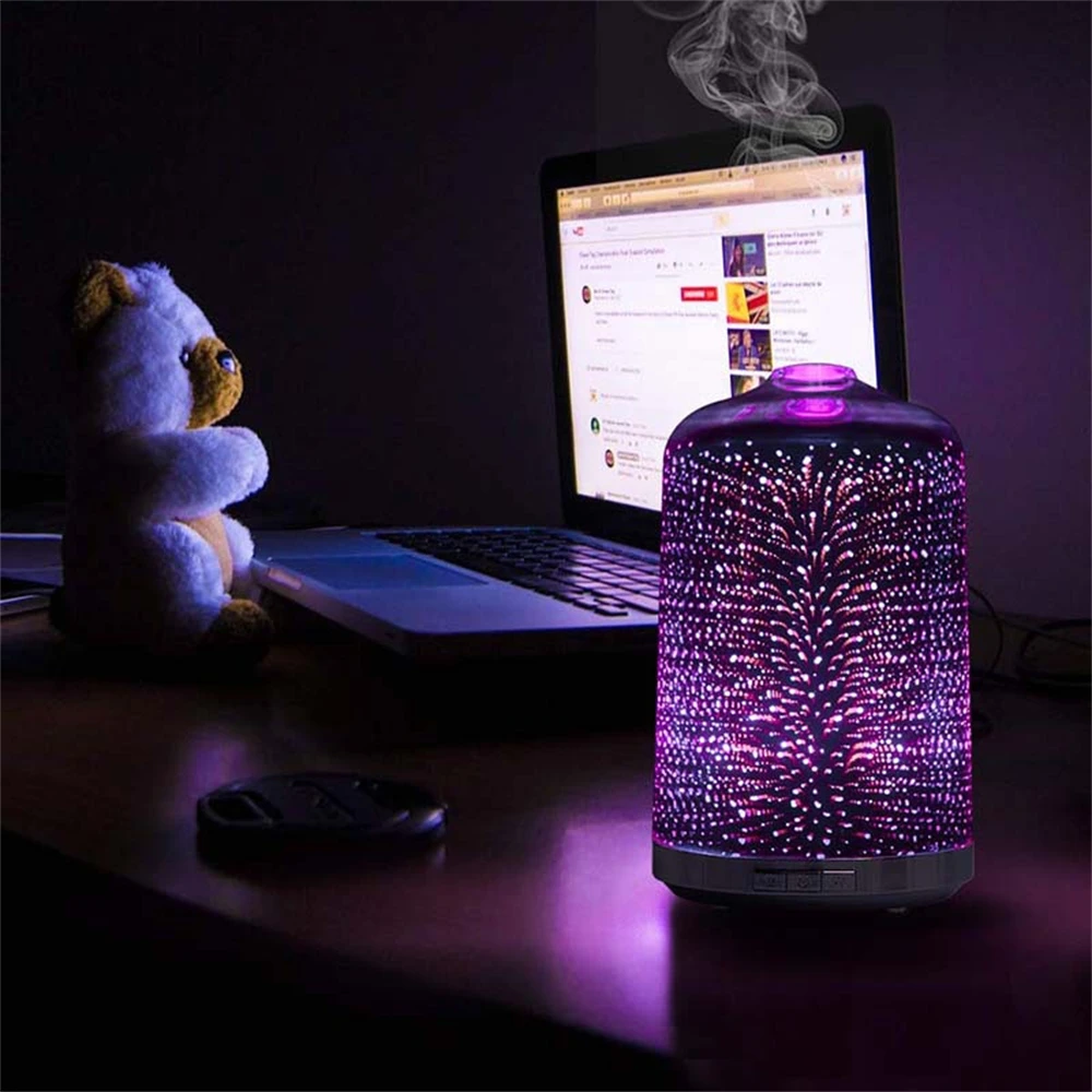 3D Fireworks Humidifier Aromatic Diffuser Glass Essential Oil Air Freshener 7LED Light for Home Bedroom Timing Humificador 250ml