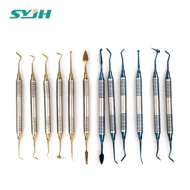 6Pcs/Kit Double Head Dental Composite Resin Filling Spatulas Gold/Blue Titanium Plated Head Fill Restoration Set Dentist Tool