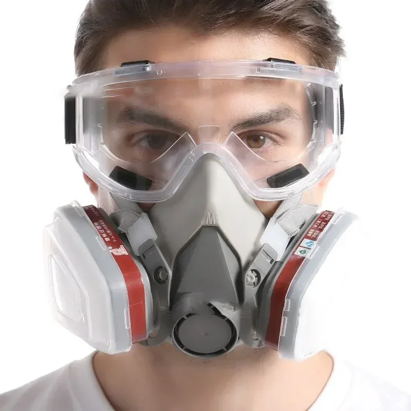 Masque FFP3 réutilisable avec filtre, vue de profil, protection chimique et particules.