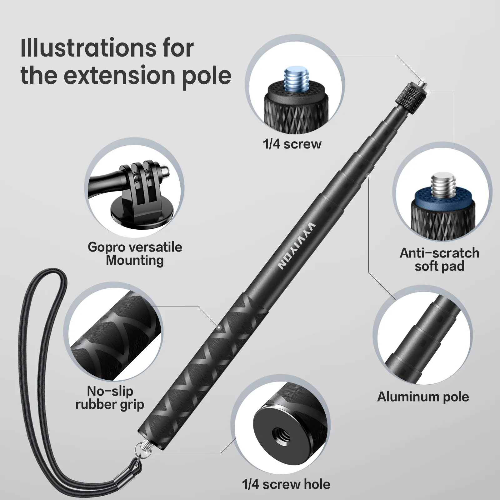 VYVIYON 114cm Invisible Selfie Stick,1/4" Extended Monopod Pole with GoPro Adapter Compatiable with Insta360 Sports Camera