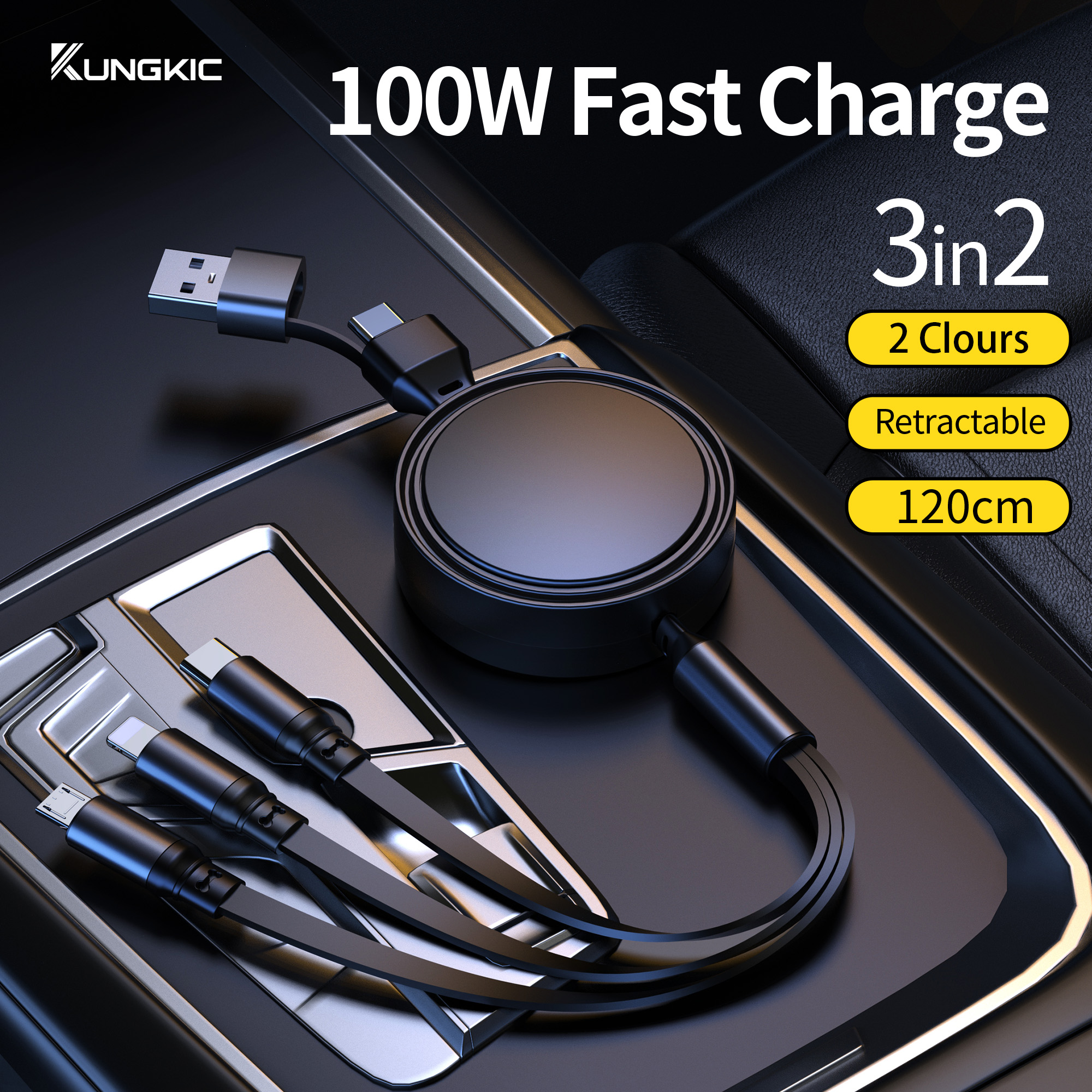 3 in 2 Retractable USB Cable 100W Fast Charging for iPhone, Type C Charger with Smart Trickle Charging, 1.2m Durable Cord
