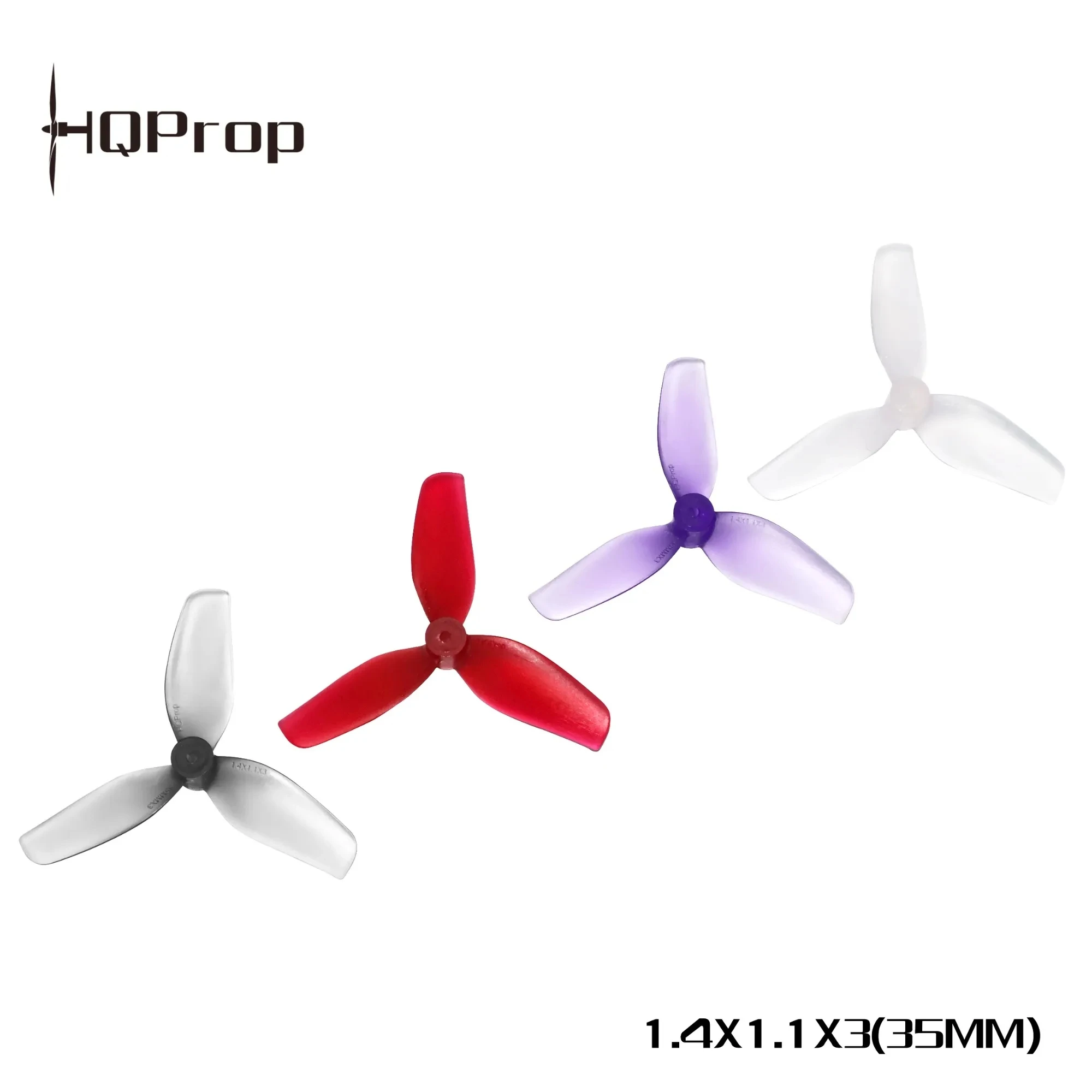 Paire d'hélices FPV Micro 35mm 3 pales en polycarbonate, avec focus sur le moyeu central et les pales.