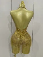 Luxury Golden Rhinestone Sexy Mesh Stretch Bodysuits Women Birthday Dancer Performance Stage Wear Nightclub Team Hotwife Outfit - Image 3