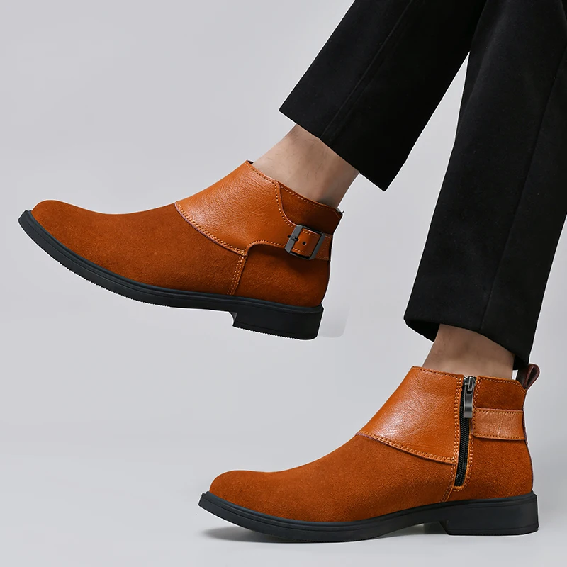

Genuine Leather Cowhide Retro Wedding Men Chelsea Boots Winter Dress Double Buckle Men Casual Ankle Suede Leather Boots Footwear