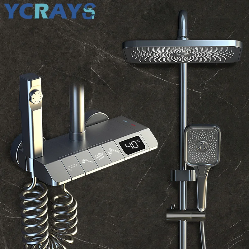 YCRAYS Grey Digital Display Thermostatic Shower Set Black Faucet Rainfall Bathtub Tap For Bathroom Accessories Hot Cold Mixer 3