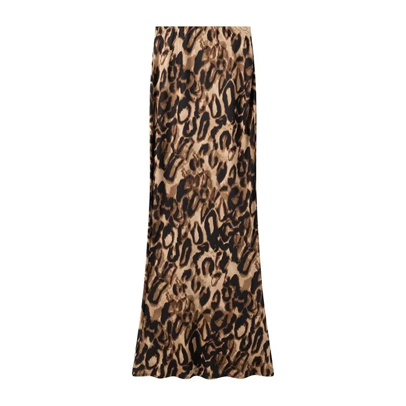 

YENKYE Sexy Women Leopard Print Satin Long Skirt Vintage High Waist Package Hip Female Spring Summer Fishtail Skirt