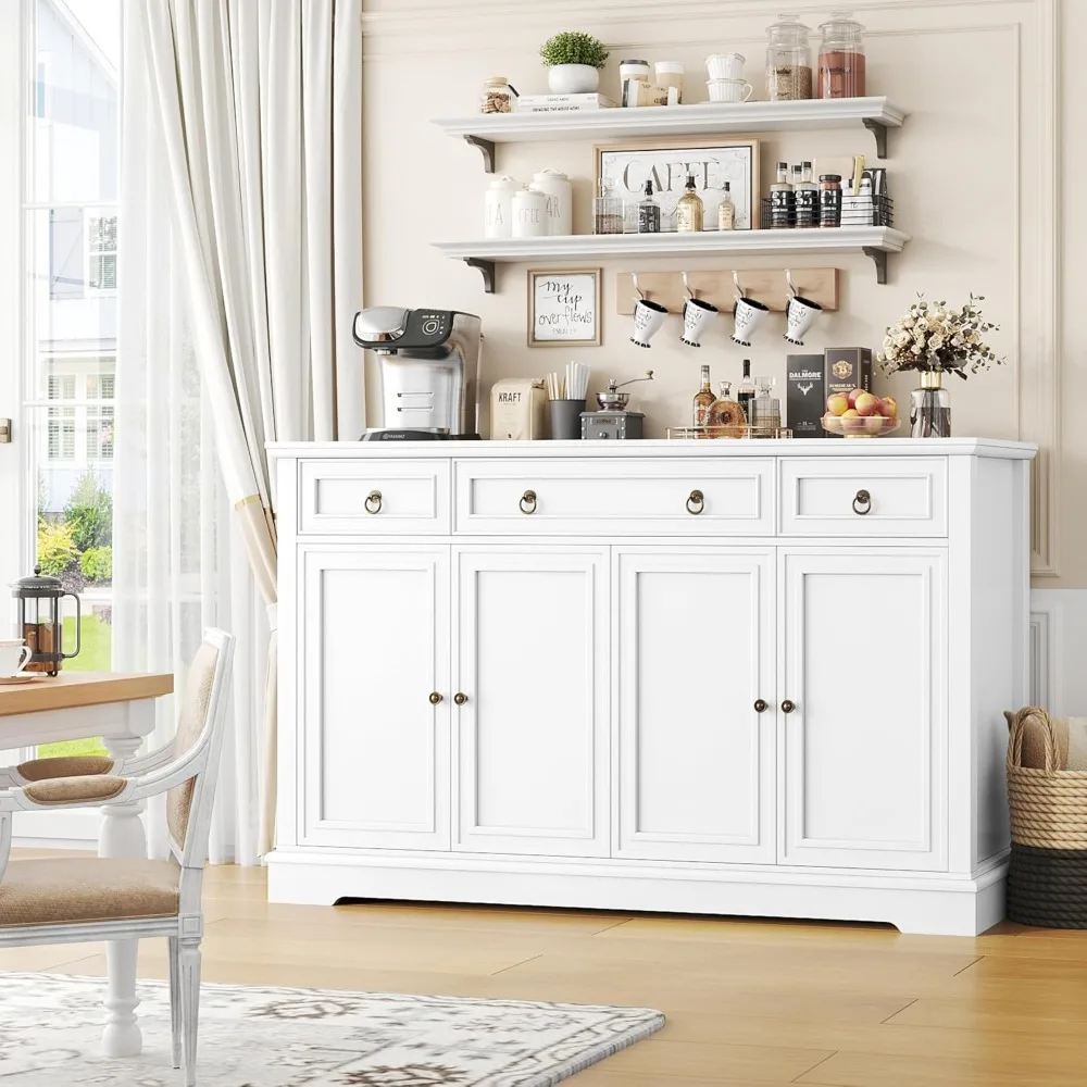 Buffet Cabinet with Storage, 55.1" Large Sideboard Buffet Cabinet, White Kitchen Cabinet with 3 Drawers and 4 Doors