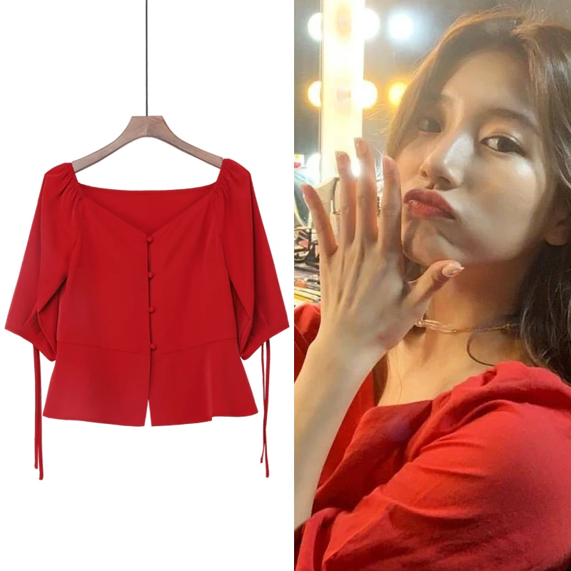 Kpop Korean Star Same Women Office Elegant Red Tops Button Up Shirts Square Collar Half Sleeves Casual Lady Summer Solid Blouses