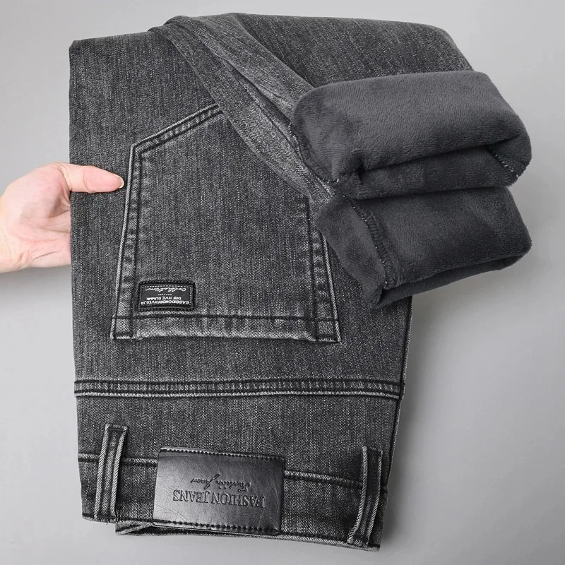 Winter Warm Jeans Men's Slim Straight Elastic Denim Pants Casual Male Clothing Fashion Plush Trousers New Hot Sale Fashion Jeans 3