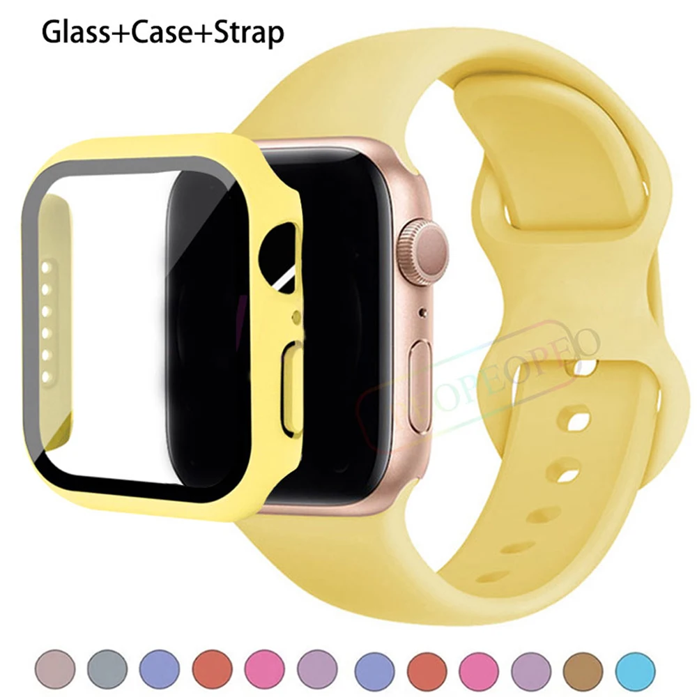 

Glass+Case+Strap For Apple Watch band 44mm 41mm 44mm 40mm 38mm 42mm Silicone watchbands bracelet iWatch series 9 8 3 4 5 6 se 7