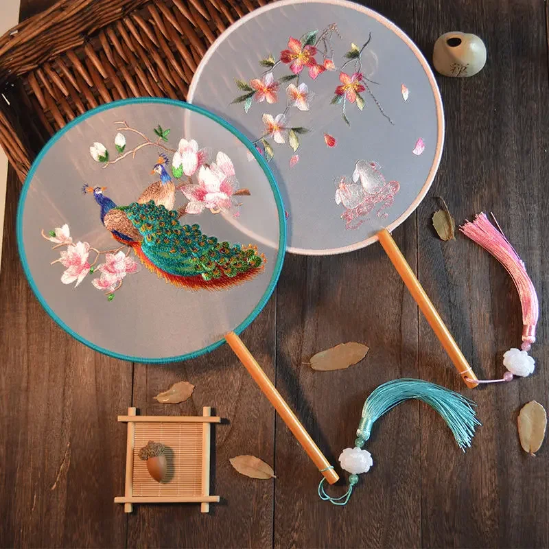 Double Sided Embroidered Dance Fan, Creative Chinese Style, Home Decoration Technology, Versatile Circular, Special-Shaped, 1Pc