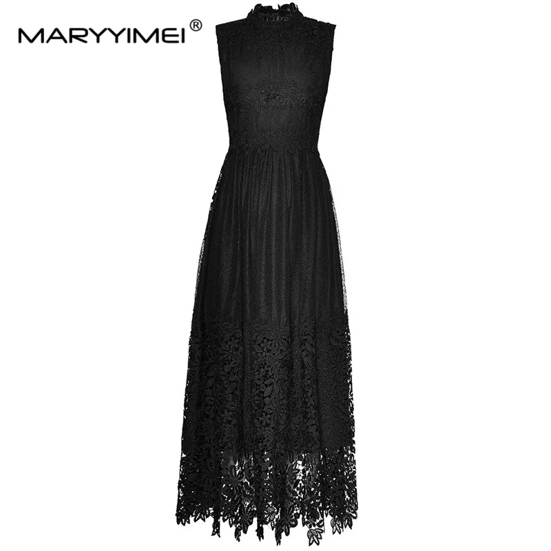 

MARYYIMEI Fashion Women's New Stand-Up Collar Sleeveless Water-Soluble Flower Patchwork Embroidered Hollow Out Gown Maxi Dress