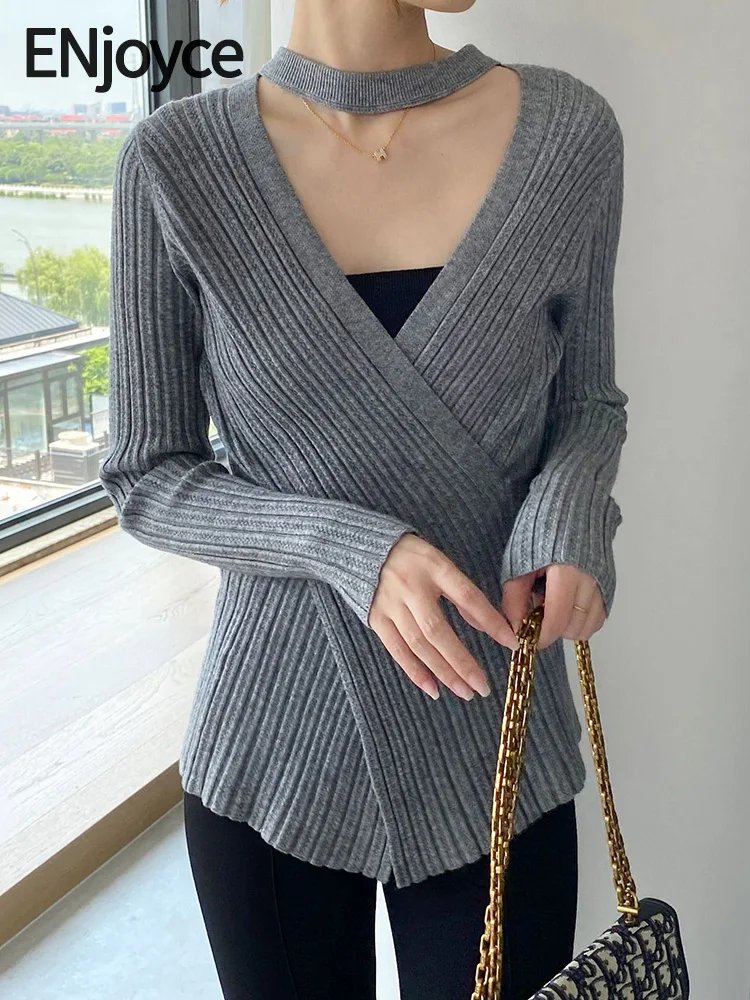 

ENjoyce Spring Fall Women Vintage Big V-Neck Slim Sweater Ladies Elegant Knitwear Korean Style Knit Pullovers Bottom Tops