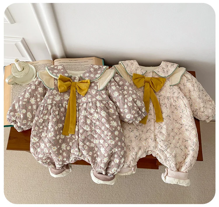 Cekcya Baby Mädchen Baumwolle Jacke Winter Koreanische Plüsch Verdickt Infant Mädchen Overall Floral Knotbow Warme Kleinkind Mädchen Schnee Getragen – Detail 2