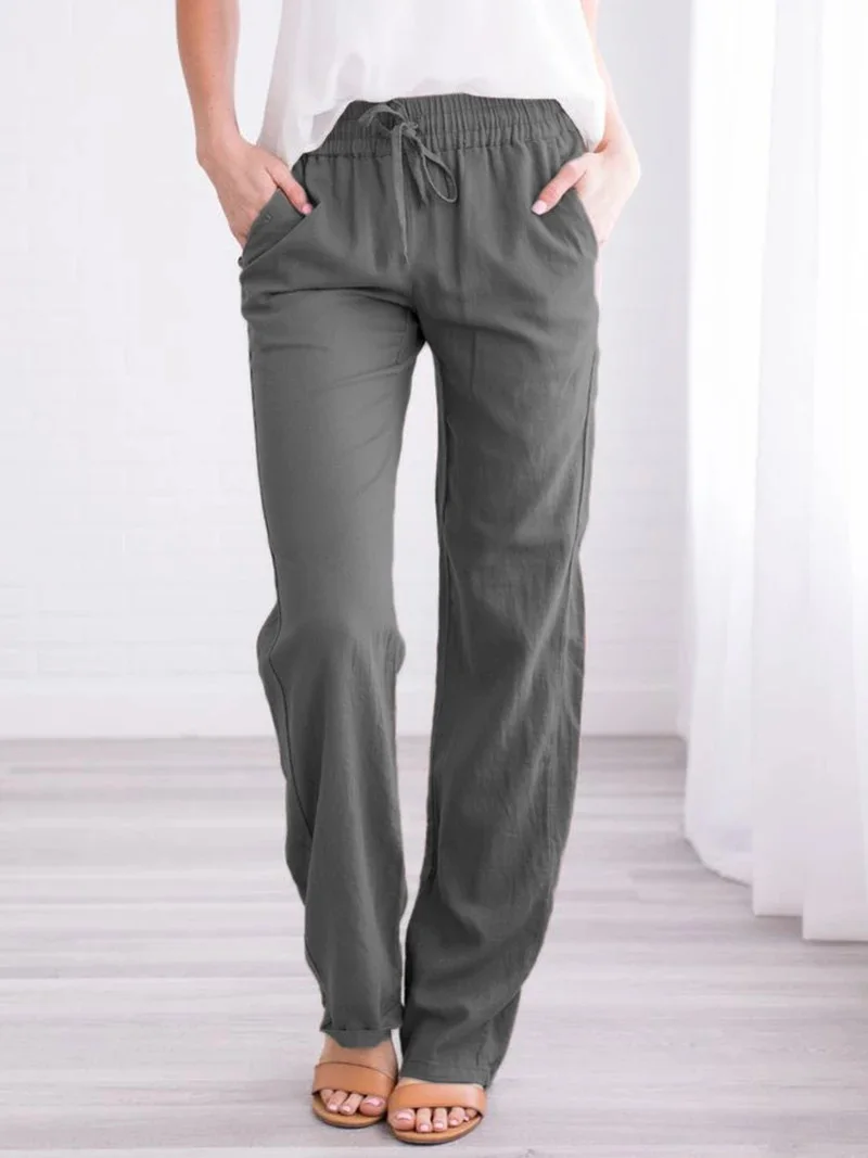 Spring and summer new solid color cotton and linen drawstring loose casual wide leg pants