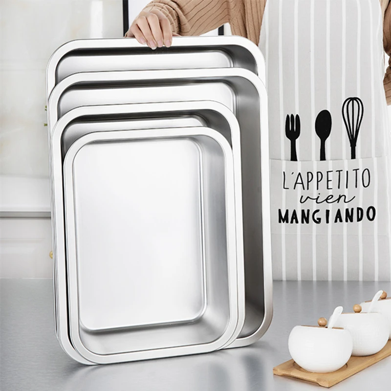 

Rectangular Stainless Steel Food Tray Fruit Vegetables Storage Pans Cake Bread Biscuits Dish Bakeware Home Kitchen Plates