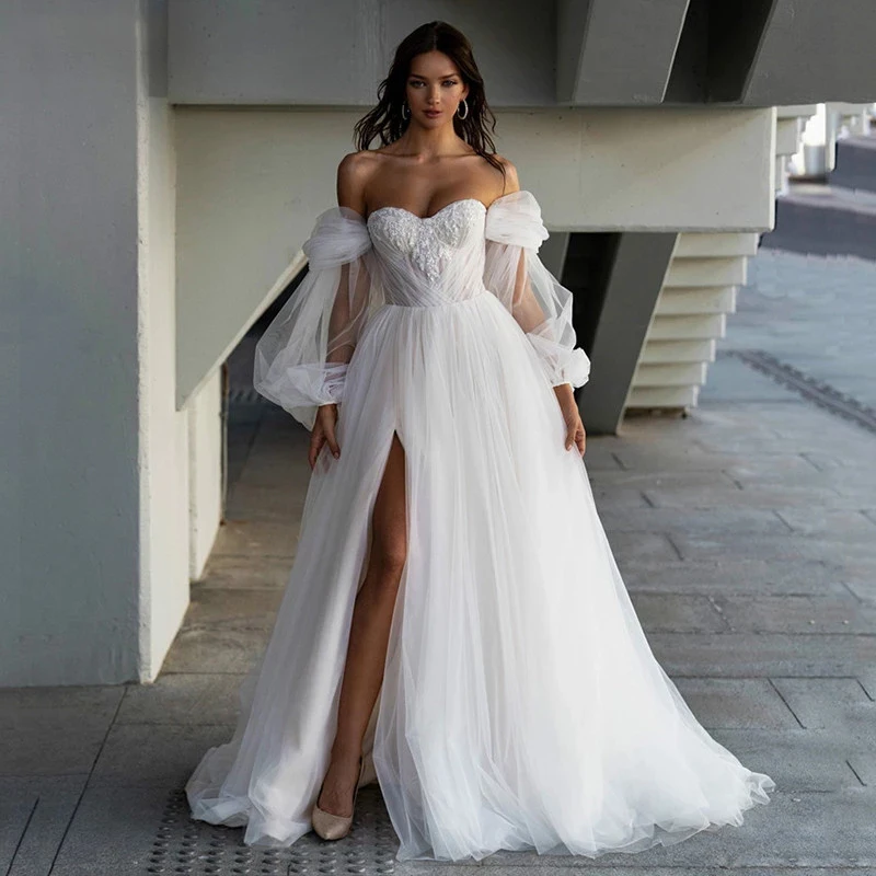 

Beaach Sweetheart Tulle Wedding Dresses Sexy Off Shoulder Transparent Sleeve Princess Bridal Gowns For Women 2023 Robe De Mariée