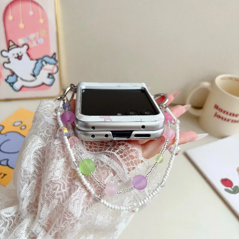 Floral Beaded Lanyard Flip Phone Case - Magnetic PU Leather Shockproof Cover