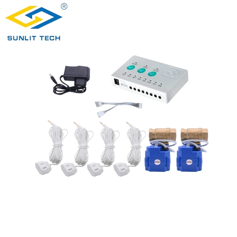 

Anti Overflow Alarm System Water Leak Detector with 2pcs DN15 Smart Valve 4pcs Water Leakage Sensors for 1/2" Pipe Protection