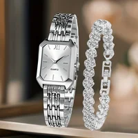 2PCS Fashion Rectangle Women Quartz Watch Rhinestone Bracelet Set Ladies Roma Dial Wristwatch Reloj Mujer Girls Clock Gift 6