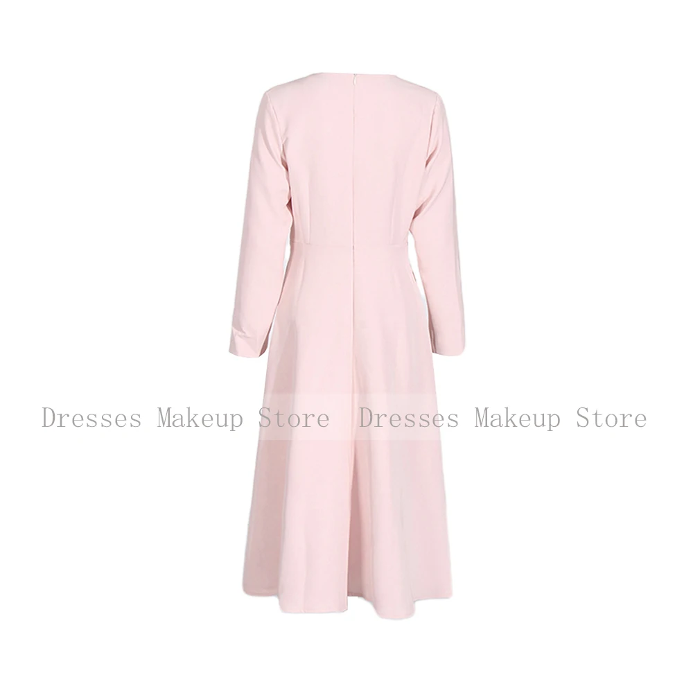 Evening dresses Pale Pink Party Dresses for Women Long Sleeves Bows Midi Party Gowns O Neck A Line Tea Length Elegant Dinner Dress Short