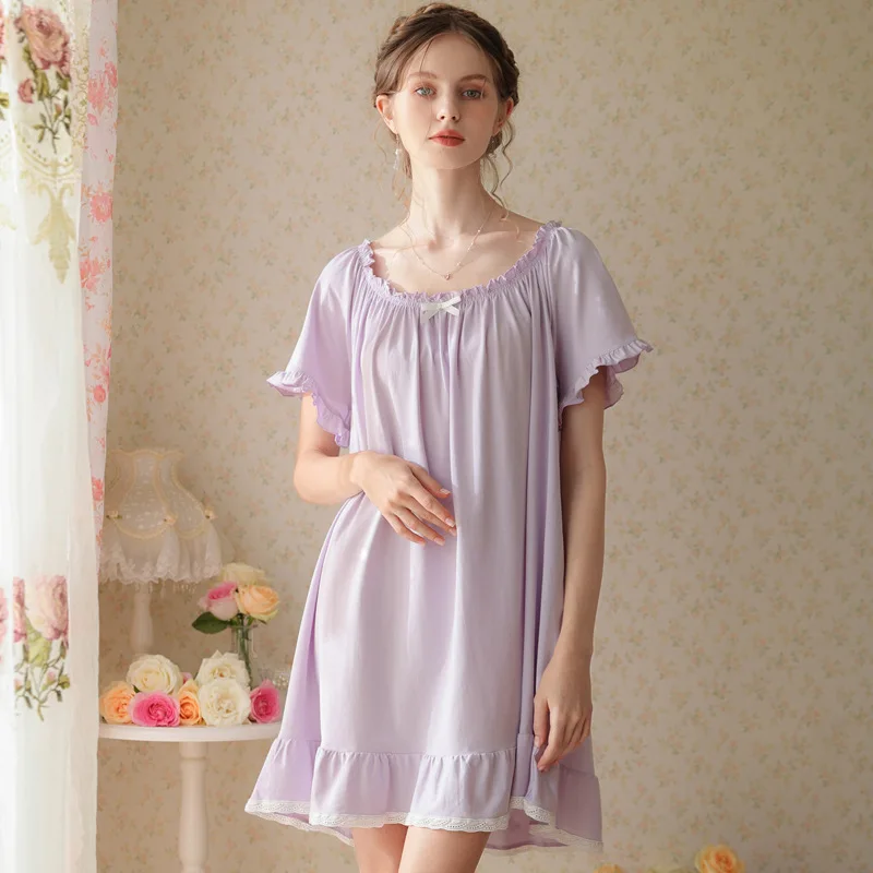 Summer Short Sleeves Round Neck Solid Nightdress Plus Size Cotton Loose Nightie Princess Sweet Bow Decoration Nightgowns Dresses