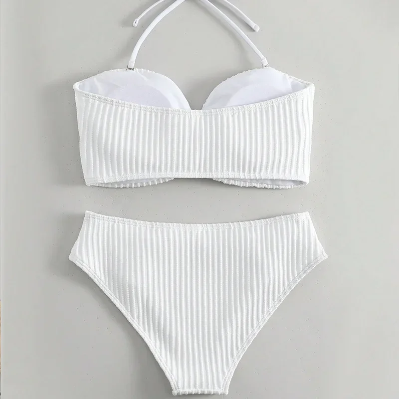 Sexy White High Waist Push Up Swimwear Bikinis Set Women Ribbed