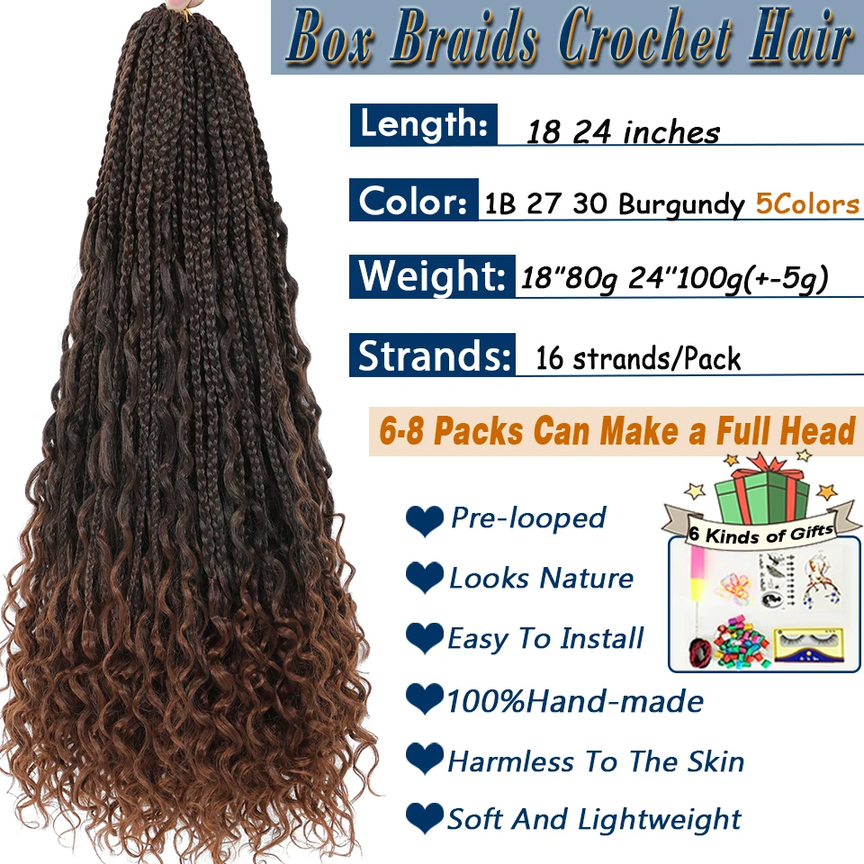 1-6 Packs Ombre Box Braids With Curly Ends 18 24 Inches T 30 27 Burgundy Goddess Box Braids Synthetic Crochet Hair crochet hair extensions