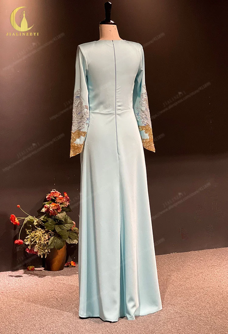 3057 Rhine Elie Saab V Neck blue Satin Gold Sequins Mother