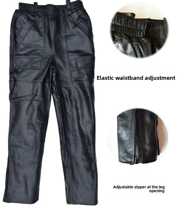 Genuine Leather Motorcycle Pants Men's eepskin Top Layer Windproof Loose Straight Leg High Waist Deep Crotch Casual Trousers