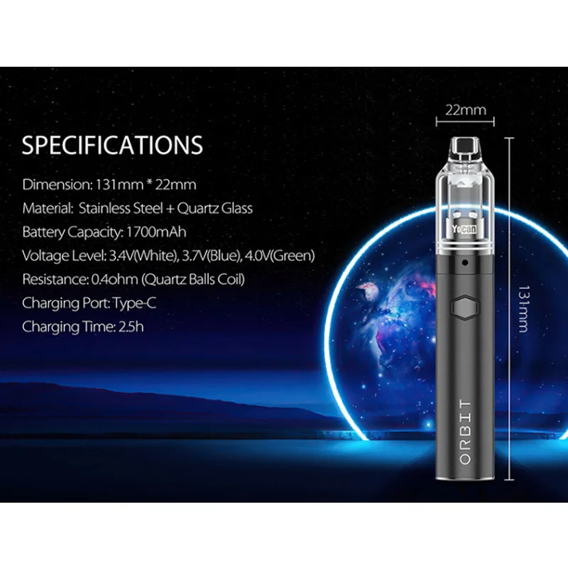 Original Yocan Orbit Vaporizer 1700mAh Battery 510 Thread Quartz Ball Coil Top Vertex Airflow Electronic Cigarette Wax Vape Pen