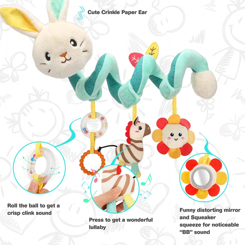 Giocattolo A Spirale Per Seggiolino Auto E Passeggino | 4 Peluche Con Sonagli E Perline, Versione Aggiornata 25 Cm, Per Neonati 0-6 Mesi