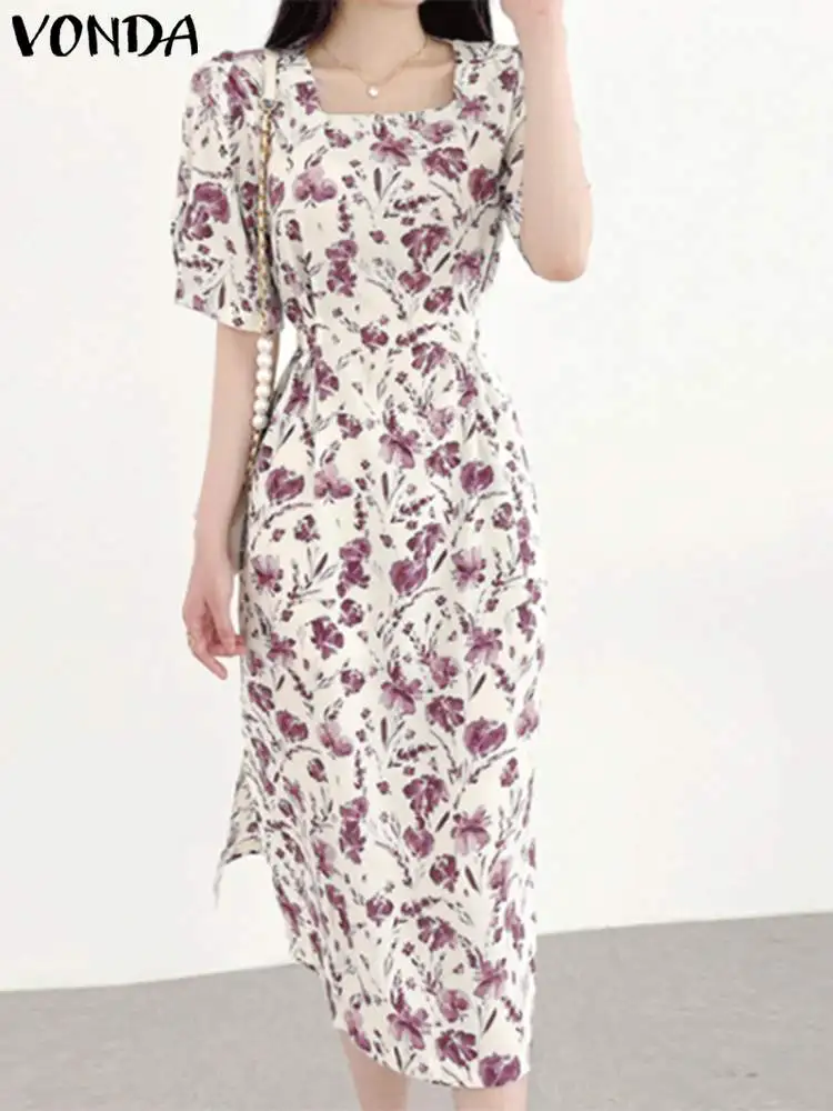 

Женское богемное платье VONDA, летний модный элегантный сарафан средней длины с коротким рукавом и принтом, сексуальное пляжное платье с квадратным вырезом 2023