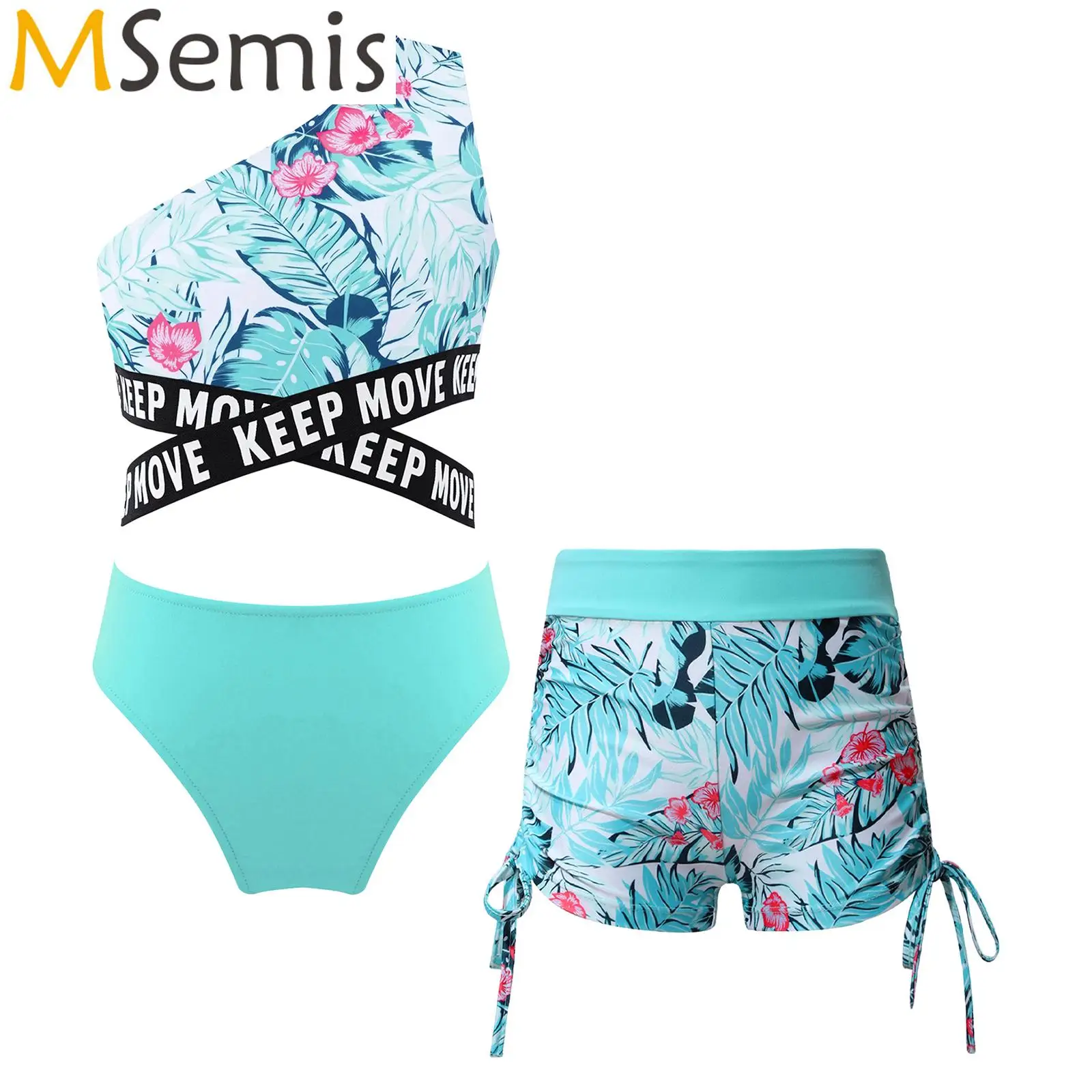 여아용 프린트 탱키니 비키니 세트, 어린이 수영복, 스포츠 세트 상의, 브리프 및 반바지, 수영 수영복, 3 개  Best5