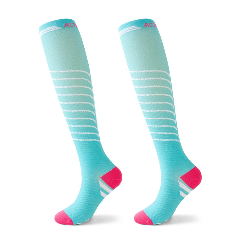 Gradient Compression Socks for Women Girls Sports Knee High Sock Running Skipping Cycling Sock Colorful Striped Golf Tennis Sock